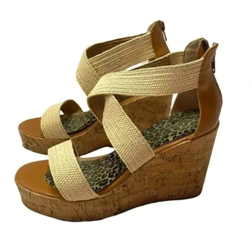 Steve‎ Madden Elwyn Platform Wedge Sandal 10 Tan Cork Leopard Print Strappy Zip
